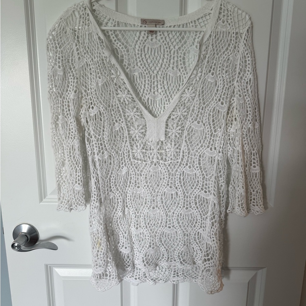White Crochet V-Neck Top